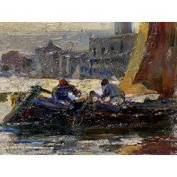 ANTICO QUADRO DIPINTO OLIO TAVOLA E. Bonivento BARCHE da PESCA S. MARCO VENEZIA