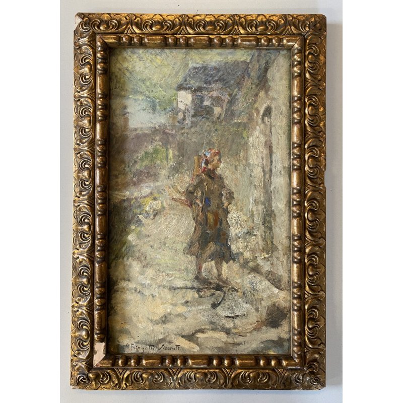 ANTICO DIPINTO OLIO A. Feragutti Visconti RITRATTO CONTADINA PAESAGGIO FIGURA