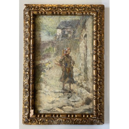 ANTICO DIPINTO OLIO A. Feragutti Visconti RITRATTO CONTADINA PAESAGGIO FIGURA