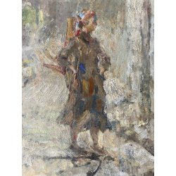 ANTICO DIPINTO OLIO A. Feragutti Visconti RITRATTO CONTADINA PAESAGGIO FIGURA