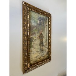 ANTICO DIPINTO OLIO A. Feragutti Visconti RITRATTO CONTADINA PAESAGGIO FIGURA