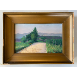 DIPINTO OLIO TAVOLETTA PAESAGGIO RURALE CAMPAGNA STRADA '900