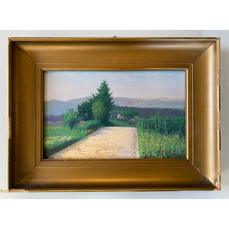 DIPINTO OLIO TAVOLETTA PAESAGGIO RURALE CAMPAGNA STRADA '900