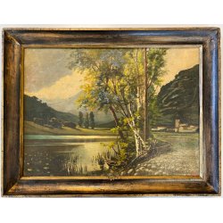 ANTICO DIPINTO OLIO TELA PAESAGGIO PRIMAVERILE LACUSTRE BARCA FIRMA "W" '800