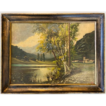 ANTICO DIPINTO OLIO TELA PAESAGGIO PRIMAVERILE LACUSTRE BARCA FIRMA "W" '800