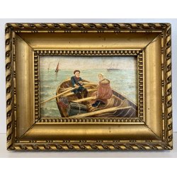 ANTICO QUADRO OLIO MARINA MARINAIO DONNA BAULE FUGA VELIERI MARE REALISMO '800