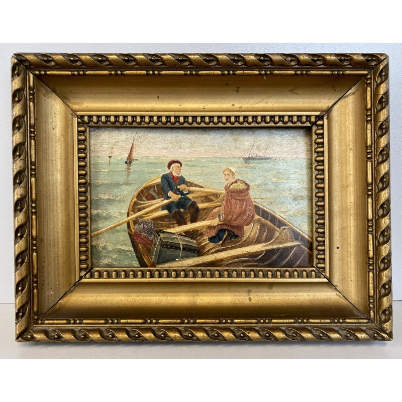 ANTICO QUADRO OLIO MARINA MARINAIO DONNA BAULE FUGA VELIERI MARE REALISMO '800