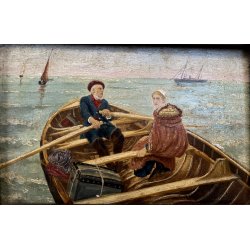 ANTICO QUADRO OLIO MARINA MARINAIO DONNA BAULE FUGA VELIERI MARE REALISMO '800