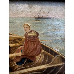 ANTICO QUADRO OLIO MARINA MARINAIO DONNA BAULE FUGA VELIERI MARE REALISMO '800