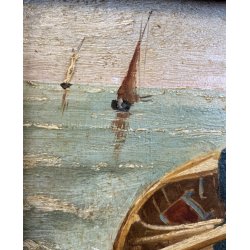 ANTICO QUADRO OLIO MARINA MARINAIO DONNA BAULE FUGA VELIERI MARE REALISMO '800