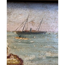 ANTICO QUADRO OLIO MARINA MARINAIO DONNA BAULE FUGA VELIERI MARE REALISMO '800