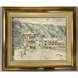 DIPINTO OLIO TELA M. Sola PAESAGGIO MONTANO INVERNALE NEVE BOSCHI BORGOSESIA