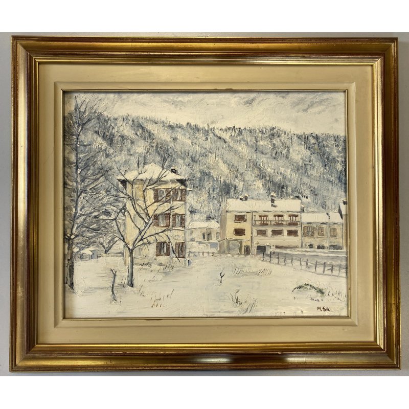 DIPINTO OLIO TELA M. Sola PAESAGGIO MONTANO INVERNALE NEVE BOSCHI BORGOSESIA