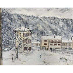 DIPINTO OLIO TELA M. Sola PAESAGGIO MONTANO INVERNALE NEVE BOSCHI BORGOSESIA
