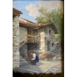ANTICO QUADRO OLIO Robaldo Casalini DIPINTO GENERE PAESAGGIO RURALE FIGURE '20