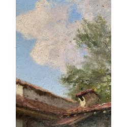 ANTICO QUADRO OLIO Robaldo Casalini DIPINTO GENERE PAESAGGIO RURALE FIGURE '20