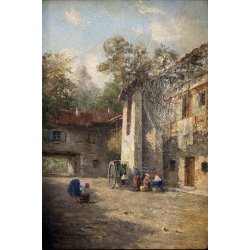 ANTICO QUADRO OLIO Robaldo Casalini DIPINTO GENERE SCENA VITA RURALE FIGURE '20