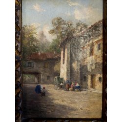 ANTICO QUADRO OLIO Robaldo Casalini DIPINTO GENERE SCENA VITA RURALE FIGURE '20