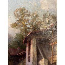 ANTICO QUADRO OLIO Robaldo Casalini DIPINTO GENERE SCENA VITA RURALE FIGURE '20