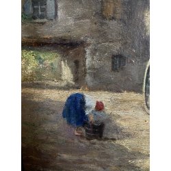 ANTICO QUADRO OLIO Robaldo Casalini DIPINTO GENERE SCENA VITA RURALE FIGURE '20