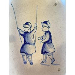 ANTICA COPPIA CIOTOLA OVALE  DECORO di GENERE SMALTO BLU BIMBI che GIOCANO '900