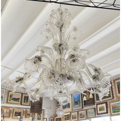 ENORME LAMPADARIO 3 PIANI VETRO MURANO TRASPARENTE FOGLIE FIORI VINTAGE GLASS