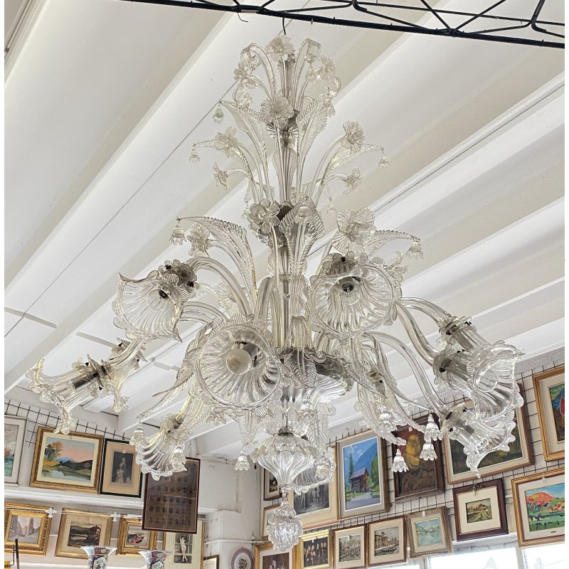 ENORME LAMPADARIO 3 PIANI VETRO MURANO TRASPARENTE FOGLIE FIORI VINTAGE GLASS