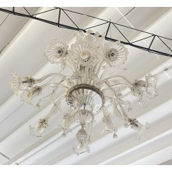 ENORME LAMPADARIO 3 PIANI VETRO MURANO TRASPARENTE FOGLIE FIORI VINTAGE GLASS