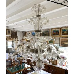 ENORME LAMPADARIO 3 PIANI VETRO MURANO TRASPARENTE FOGLIE FIORI VINTAGE GLASS
