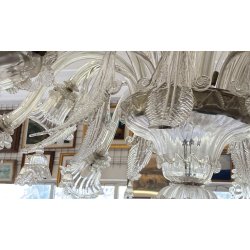 ENORME LAMPADARIO 3 PIANI VETRO MURANO TRASPARENTE FOGLIE FIORI VINTAGE GLASS