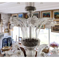 ENORME LAMPADARIO 3 PIANI VETRO MURANO TRASPARENTE FOGLIE FIORI VINTAGE GLASS