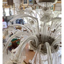 ENORME LAMPADARIO 3 PIANI VETRO MURANO TRASPARENTE FOGLIE FIORI VINTAGE GLASS