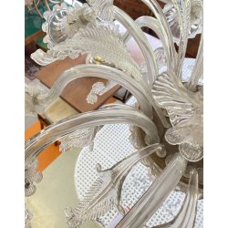 ENORME LAMPADARIO 3 PIANI VETRO MURANO TRASPARENTE FOGLIE FIORI VINTAGE GLASS