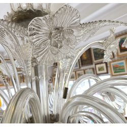ENORME LAMPADARIO 3 PIANI VETRO MURANO TRASPARENTE FOGLIE FIORI VINTAGE GLASS