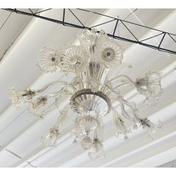 ENORME LAMPADARIO 3 PIANI VETRO MURANO TRASPARENTE FOGLIE FIORI VINTAGE GLASS