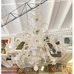 ENORME LAMPADARIO 3 PIANI VETRO MURANO TRASPARENTE FOGLIE FIORI VINTAGE GLASS