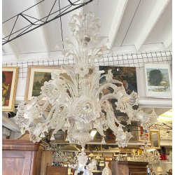 ENORME LAMPADARIO 3 PIANI VETRO MURANO TRASPARENTE FOGLIE FIORI VINTAGE GLASS