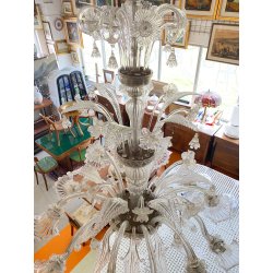 ENORME LAMPADARIO 3 PIANI VETRO MURANO TRASPARENTE FOGLIE FIORI VINTAGE GLASS