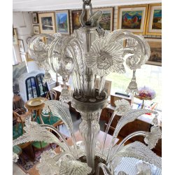 ENORME LAMPADARIO 3 PIANI VETRO MURANO TRASPARENTE FOGLIE FIORI VINTAGE GLASS