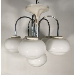 LAMPADARIO A SOSPENSIONE 5 LUCI VETRO METALLO CROMATO DESIGN ANNI 70 LAMP GLASS