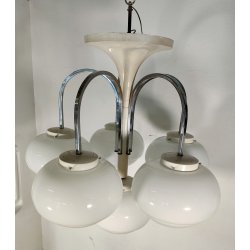LAMPADARIO A SOSPENSIONE 5 LUCI VETRO METALLO CROMATO DESIGN ANNI 70 LAMP GLASS