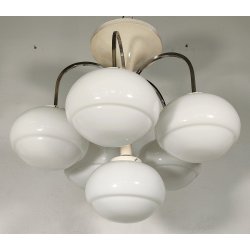 LAMPADARIO A SOSPENSIONE 5 LUCI VETRO METALLO CROMATO DESIGN ANNI 70 LAMP GLASS