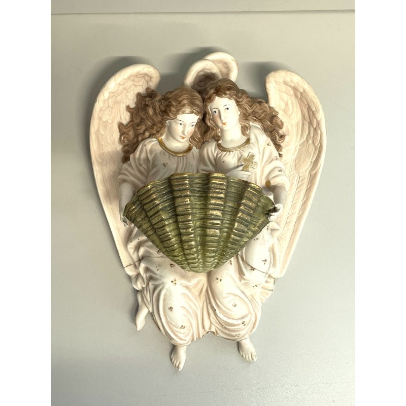 antica GRANDE ACQUASANTIERA ANGELI porcellana bisquit CONCHIGLIA h 27 cm BAROCCA