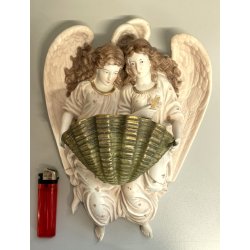 antica GRANDE ACQUASANTIERA ANGELI porcellana bisquit CONCHIGLIA h 27 cm BAROCCA