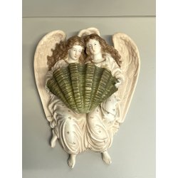 antica GRANDE ACQUASANTIERA ANGELI porcellana bisquit CONCHIGLIA h 27 cm BAROCCA