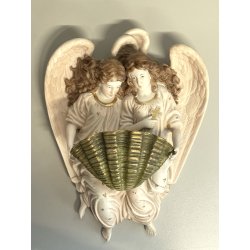 antica GRANDE ACQUASANTIERA ANGELI porcellana bisquit CONCHIGLIA h 27 cm BAROCCA