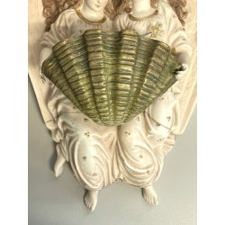 antica GRANDE ACQUASANTIERA ANGELI porcellana bisquit CONCHIGLIA h 27 cm BAROCCA