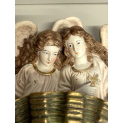 antica GRANDE ACQUASANTIERA ANGELI porcellana bisquit CONCHIGLIA h 27 cm BAROCCA