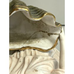 antica GRANDE ACQUASANTIERA ANGELI porcellana bisquit CONCHIGLIA h 27 cm BAROCCA