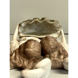 antica GRANDE ACQUASANTIERA ANGELI porcellana bisquit CONCHIGLIA h 27 cm BAROCCA